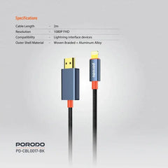 Porodo Woven Cable Lightning to HDMI - Black - GulfStore.com