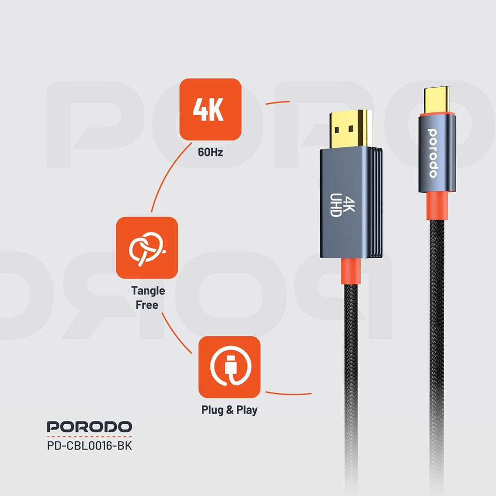 كابل بورودو المنسوج من النوع C إلى HDMI | PD-CBL0016-BK | أسود