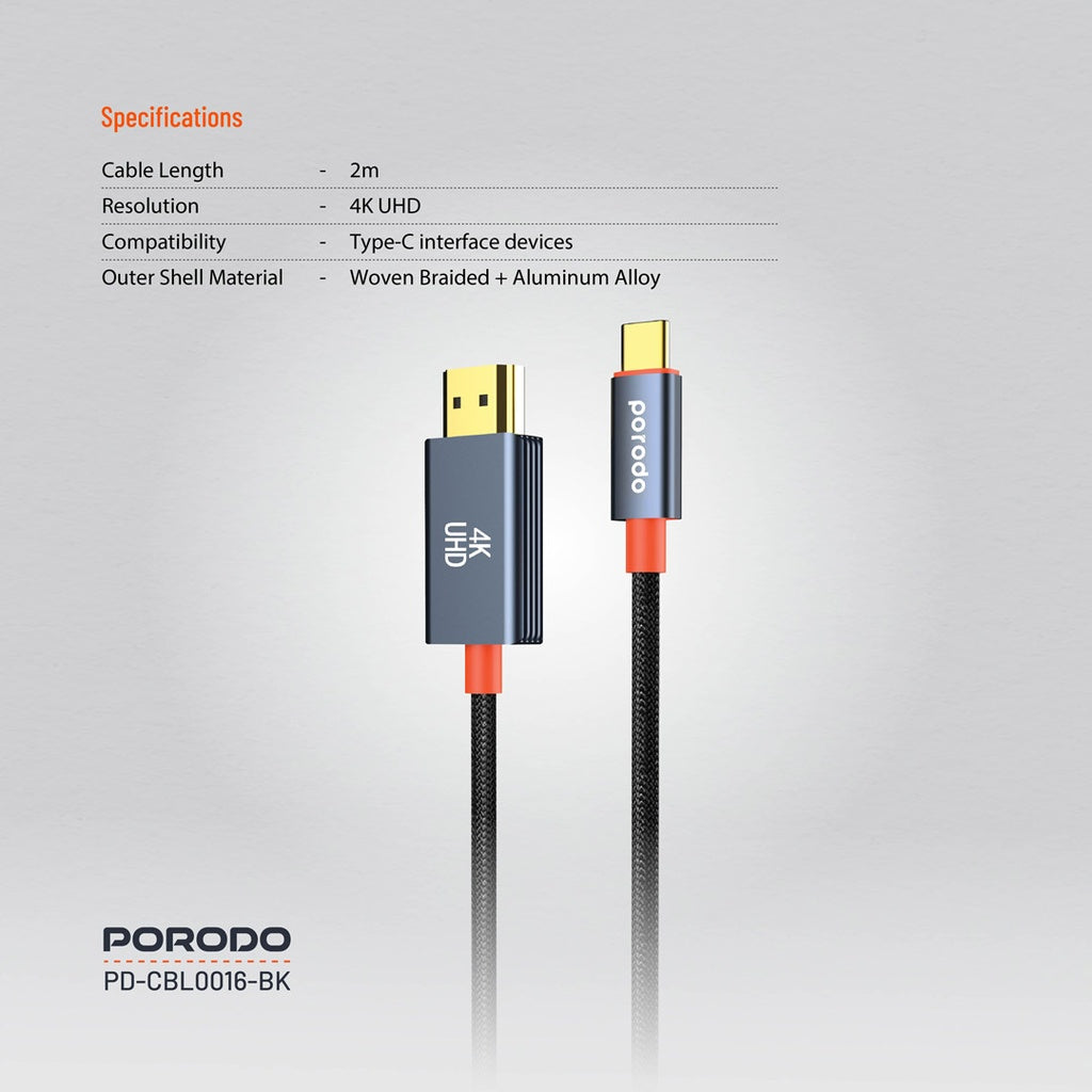 كابل بورودو المنسوج من النوع C إلى HDMI | PD-CBL0016-BK | أسود