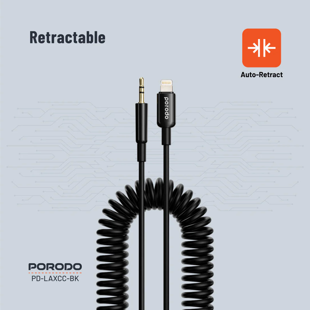 PD-LAXCC-BK | Porodo 3.5MM Lightning AUX Coiled Audio Cable Convenient Tangle-Free Design 1.2m/4ft | Black