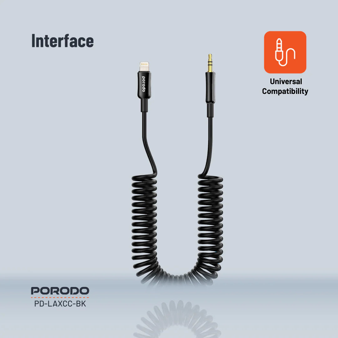 PD-LAXCC-BK | Porodo 3.5MM Lightning AUX Coiled Audio Cable Convenient Tangle-Free Design 1.2m/4ft | Black
