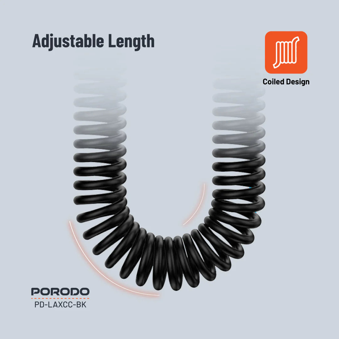 PD-LAXCC-BK | Porodo 3.5MM Lightning AUX Coiled Audio Cable Convenient Tangle-Free Design 1.2m/4ft | Black