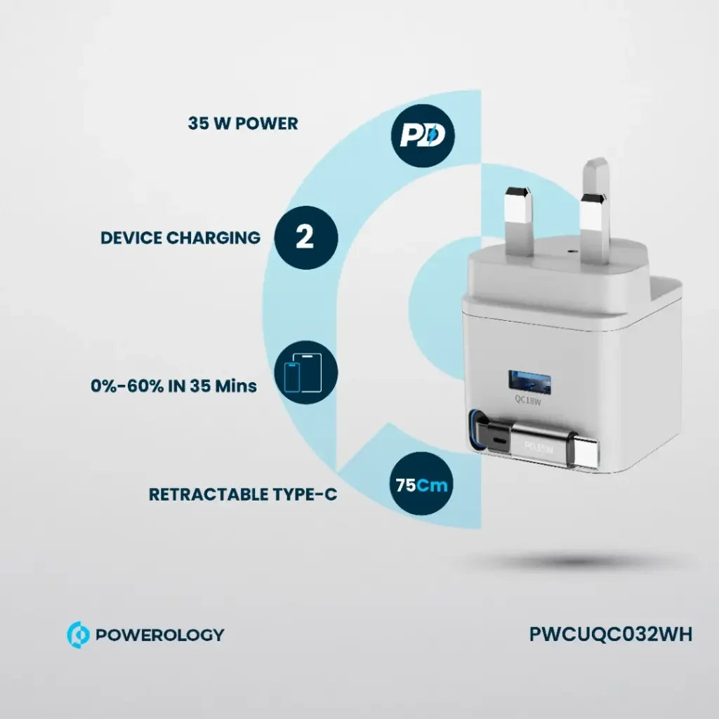 PWCUQC032WH , Powerology GAN PD35W Dual-Port Charger with Retractable Cable PWC032 - White