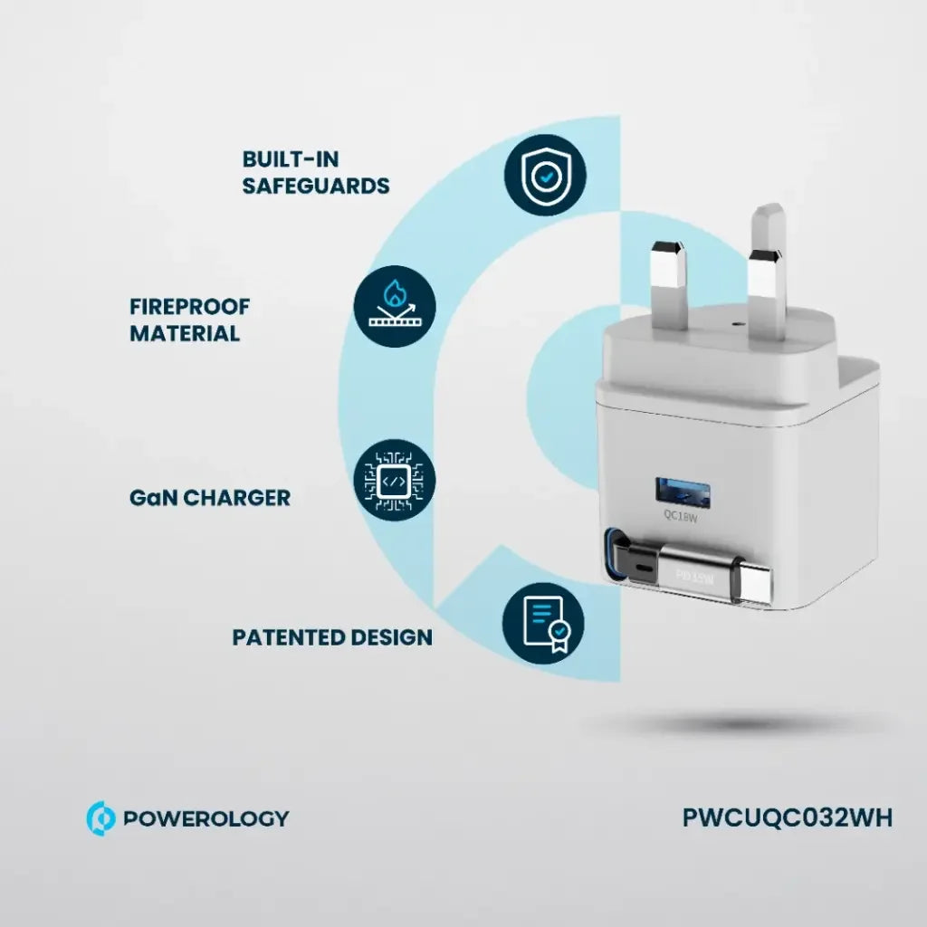 PWCUQC032WH , Powerology GAN PD35W Dual-Port Charger with Retractable Cable PWC032 - White