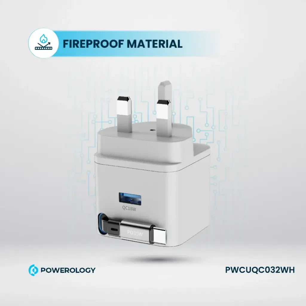 PWCUQC032WH , Powerology GAN PD35W Dual-Port Charger with Retractable Cable PWC032 - White