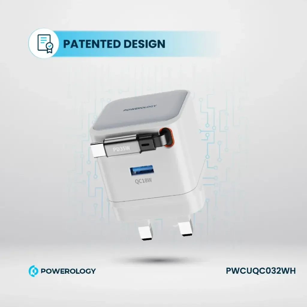 PWCUQC032WH , Powerology GAN PD35W Dual-Port Charger with Retractable Cable PWC032 - White