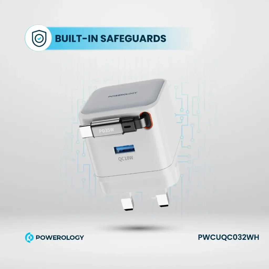 PWCUQC032WH , Powerology GAN PD35W Dual-Port Charger with Retractable Cable PWC032 - White