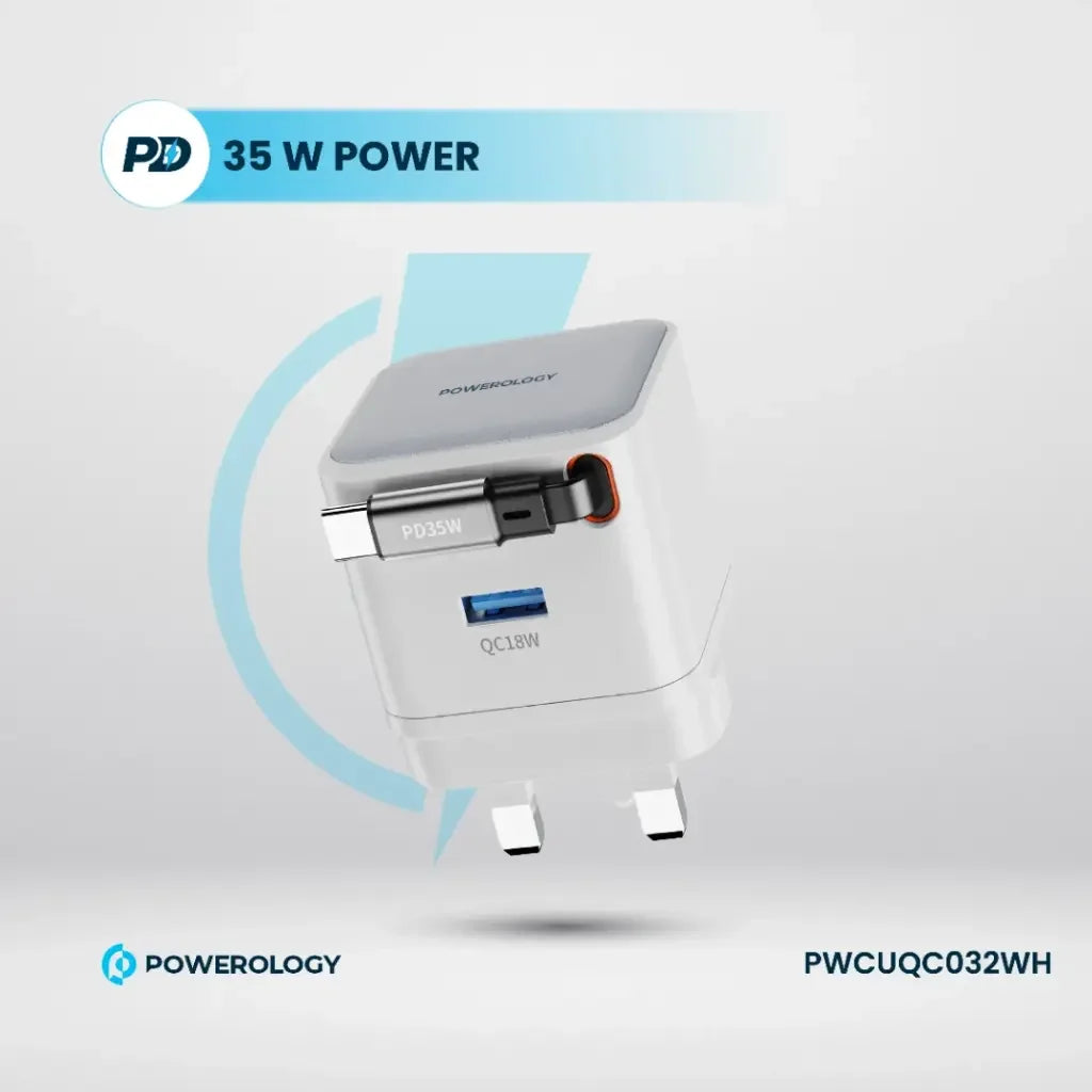 PWCUQC032WH , Powerology GAN PD35W Dual-Port Charger with Retractable Cable PWC032 - White