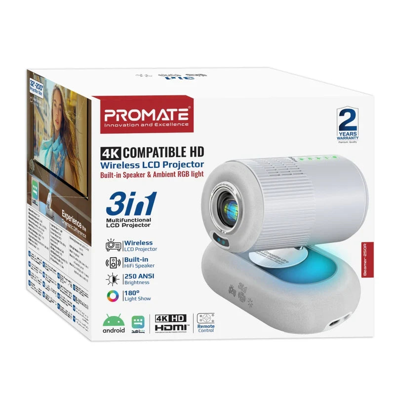 Promate 4K Compatible HD Wireless LCD Projector with Built-In Speaker & Ambient RGB light - GulfStore.com