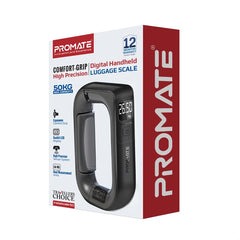 InstaScale-50.Black | Promate | Comfort-Grip High Precision Digital Handheld Luggage Scale • 50Kg Max Capacity | Black