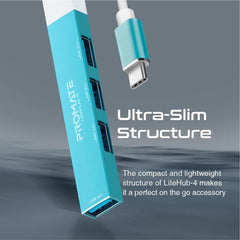 Promate - LiteHub-4 4-in-1 Multi-Port USB-C Data Hub | Bue