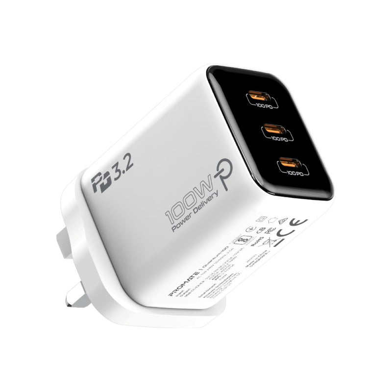 Promate Quantum-100.White.UK 100W PD 3.2 PowiGaN™ Multiport Charger with Smart AI Temperature Control • 3 * 100W PD USB-C Ports - GulfStore.com