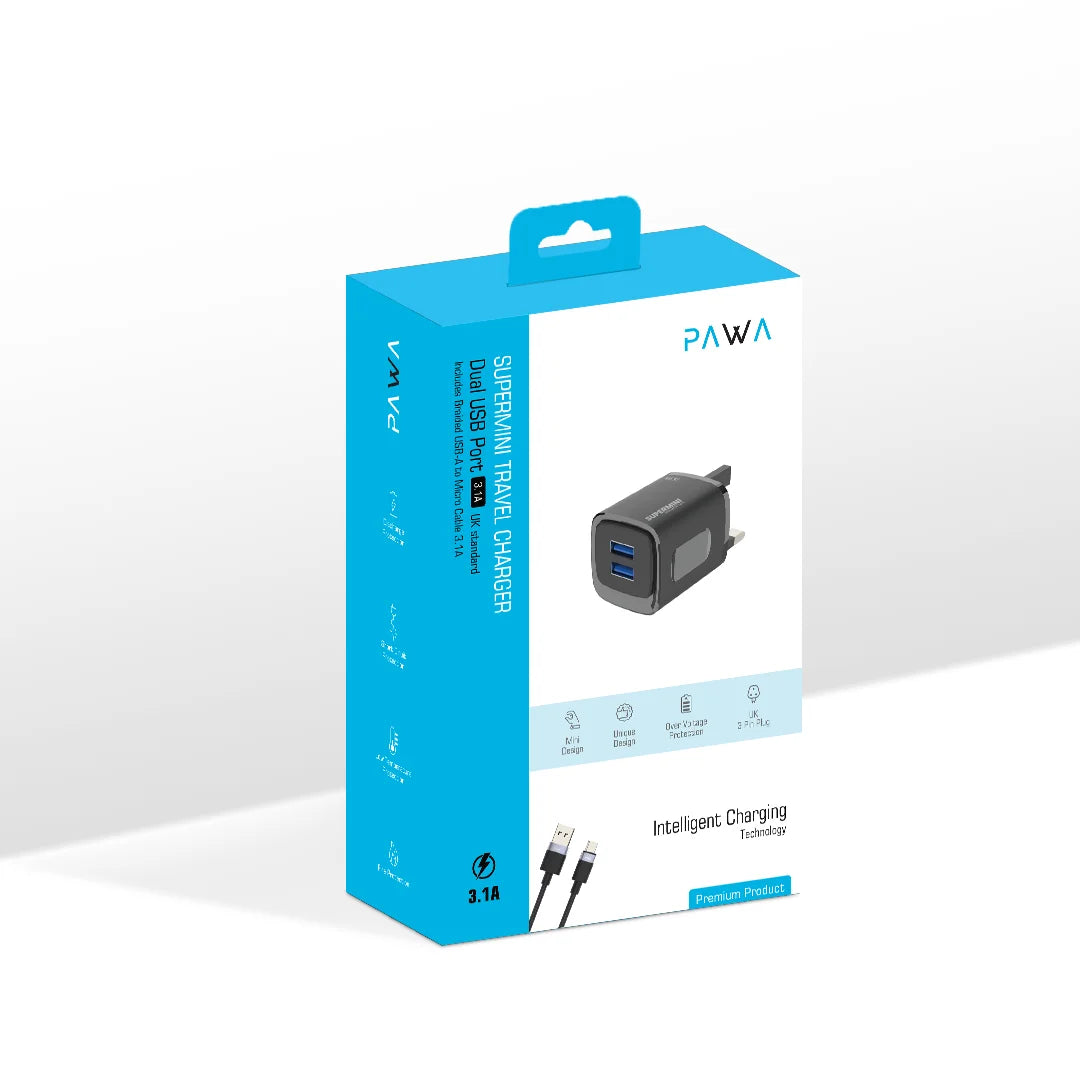 PW-TCSP3UKM-BK | PAWA Supermini Travel Charger Dual Usb 3.1A UK Standard With Braided Micro Cable | Black