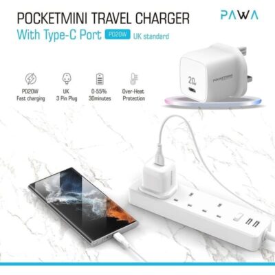 PW-PM1U1PUKT-WH , PAWA POCKETMINI TRAVEL CHARGER DUAL PD+QC PORT 20W WITH TYPE-C TO TYPE-C CABLE-WHITE