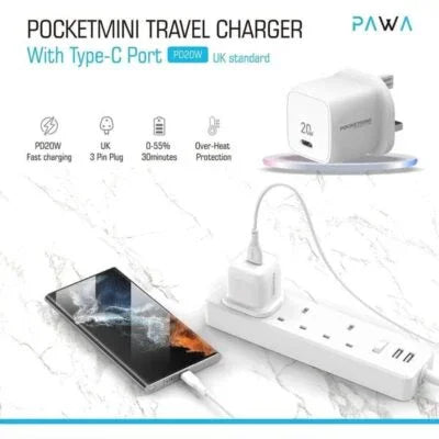 PW-PM1U1PUKT-WH , PAWA POCKETMINI TRAVEL CHARGER DUAL PD+QC PORT 20W WITH TYPE-C TO TYPE-C CABLE-WHITE