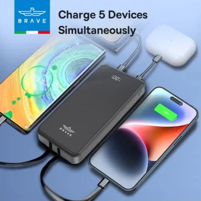 18593 | BT-25 | Brave 12000 Mah Power Bank With 22.5W Fast Charging | Built-In Usb-C & Lightning Cables Led Display