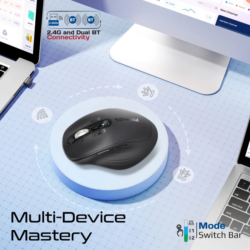 Promate Tri-Connect Wireless Mouse with Rechargeable Battery, 2.4G and Dual BT Connectivity - Black