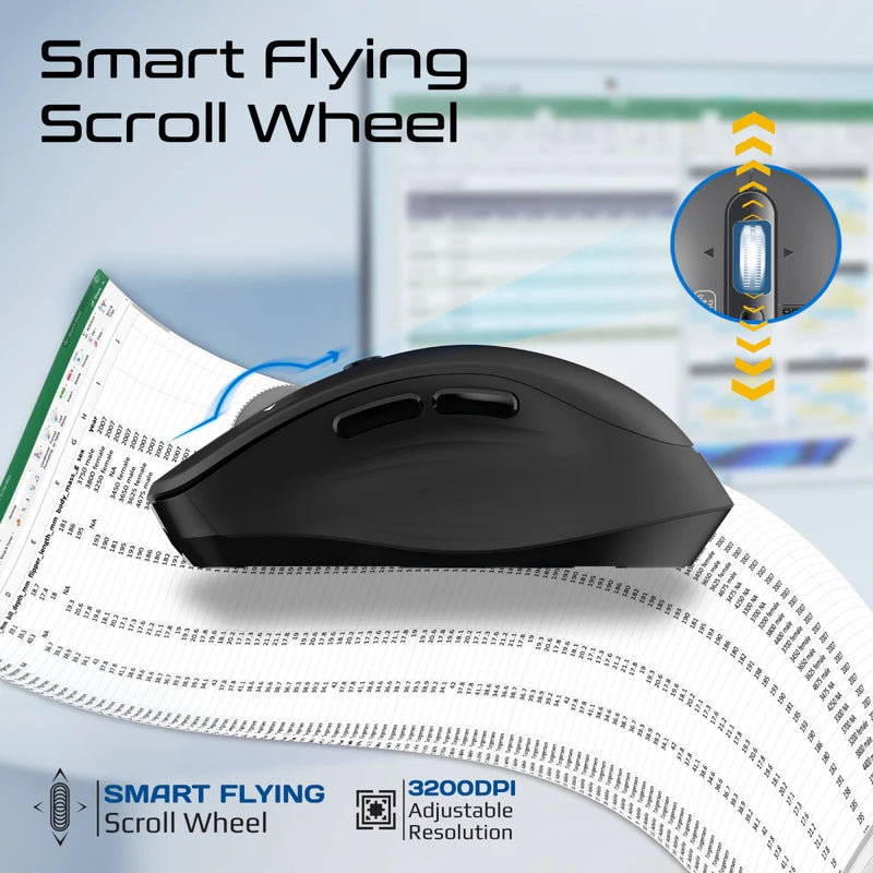 Promate Tri-Connect Wireless Mouse with Rechargeable Battery, 2.4G and Dual BT Connectivity - Black