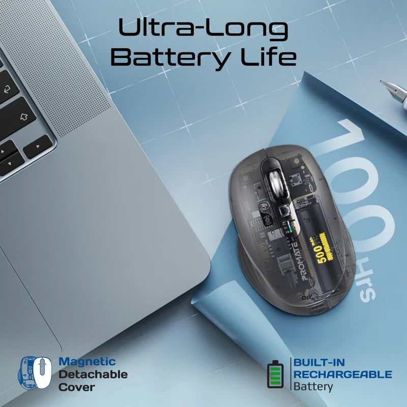 Promate Tri-Connect Wireless Mouse with Rechargeable Battery, 2.4G and Dual BT Connectivity - Black