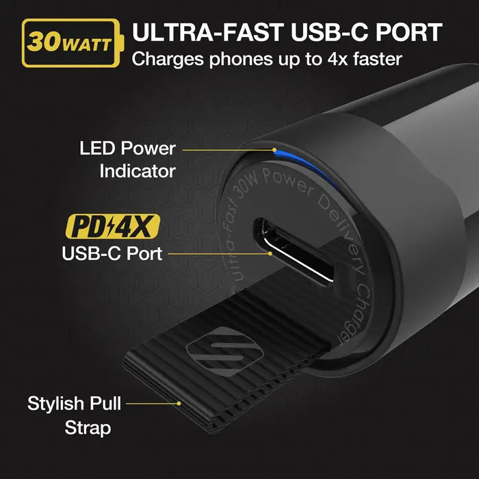 Scosche PowerVolt 30W USB Type-C Fast Car Charger with Fabric Pull Label and Power Delivery 3.0 with PPS for All USB-C Devices