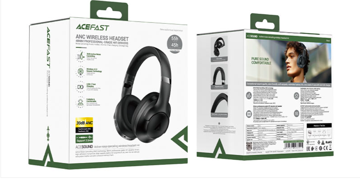 AceFast | 17961 | H4 | Active Noise Canceling Wireless Headset | Black