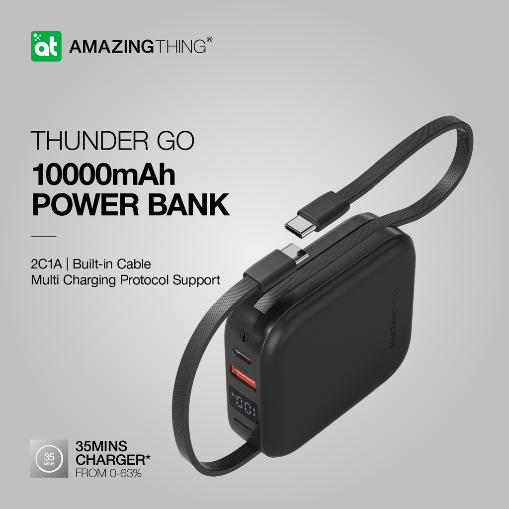AMAZINGTHING | 17942 | THUNDER Go 10000Mah Power Bank With Built-In 2 Usb-C Cables | Black