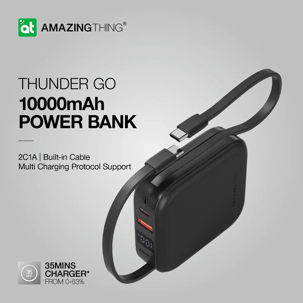 AMAZINGTHING | 17942 | باور بانك ثندر جو بسعة 10000 مللي أمبير/ساعة مع كابلين USB-C مدمجين | أسود