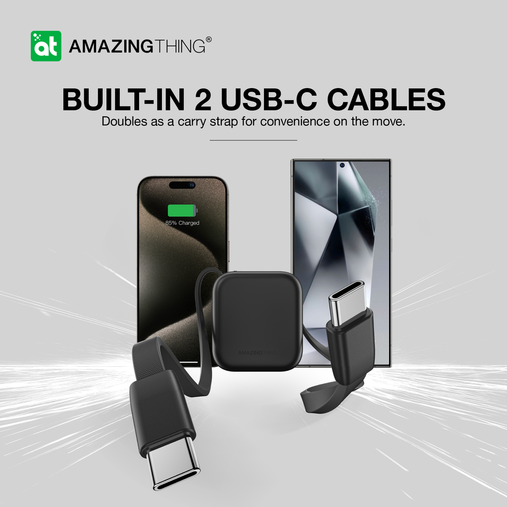 AMAZINGTHING | 17942 | THUNDER Go 10000Mah Power Bank With Built-In 2 Usb-C Cables | Black
