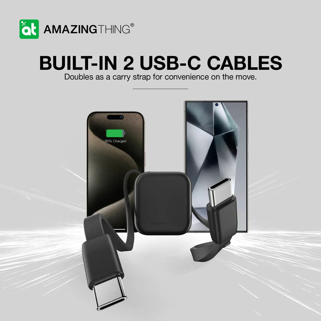 AMAZINGTHING | 17942 | باور بانك ثندر جو بسعة 10000 مللي أمبير/ساعة مع كابلين USB-C مدمجين | أسود