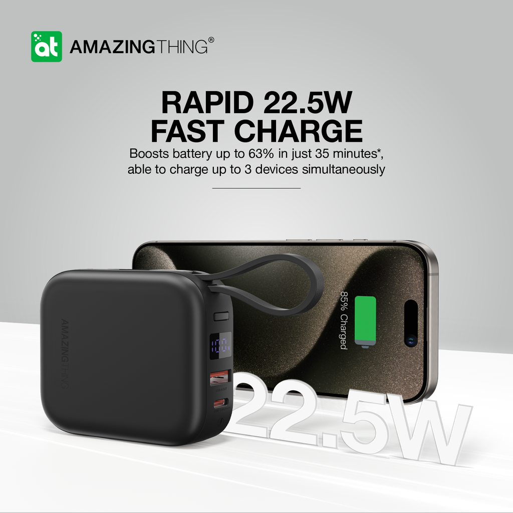 AMAZINGTHING | 17942 | THUNDER Go 10000Mah Power Bank With Built-In 2 Usb-C Cables | Black