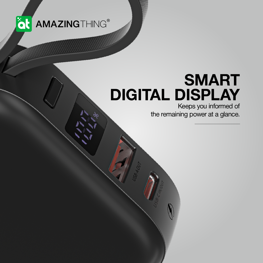AMAZINGTHING | 17942 | THUNDER Go 10000Mah Power Bank With Built-In 2 Usb-C Cables | Black