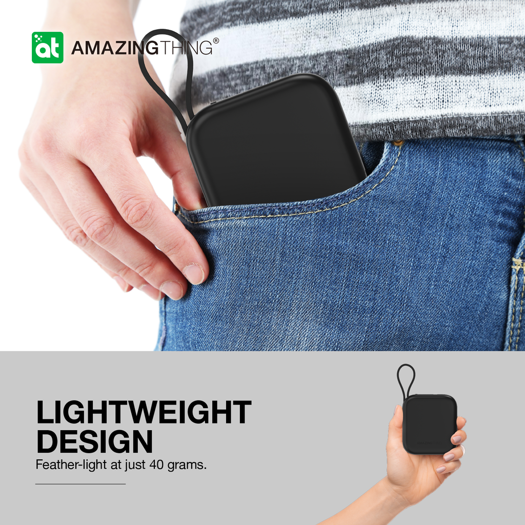 AMAZINGTHING | 17942 | THUNDER Go 10000Mah Power Bank With Built-In 2 Usb-C Cables | Black