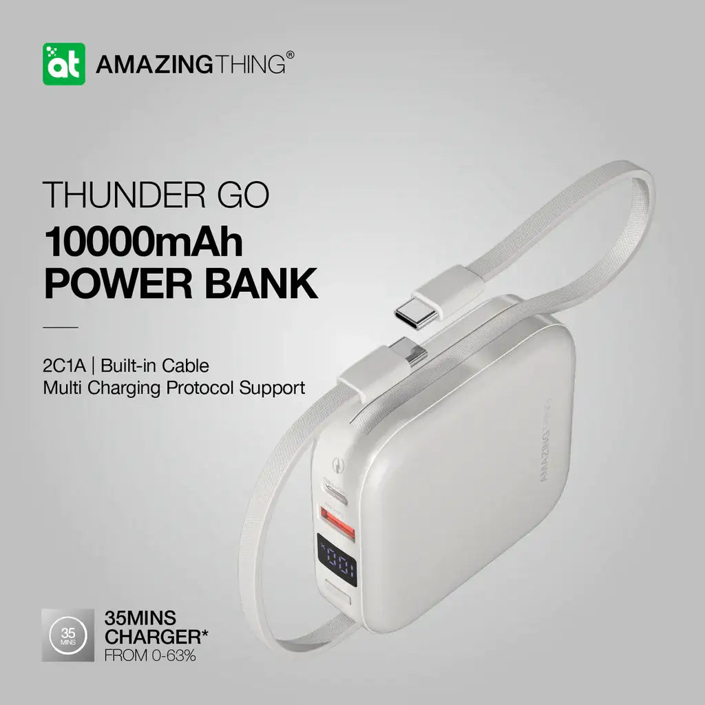 AMAZINGTHING | 17943 | THUNDER Go 10000Mah Power Bank With Built-In 2 Usb-C Cables | Gray - GulfStore.com