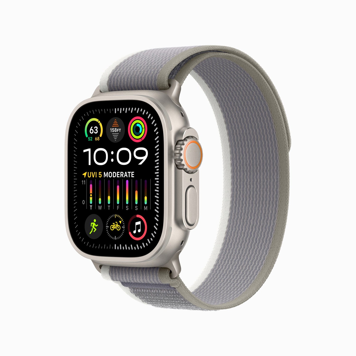 Apple Watch Ultra 2, GPS + Cellular, 49MM Titanium Case Size with Green/Gray Trail Loop Band