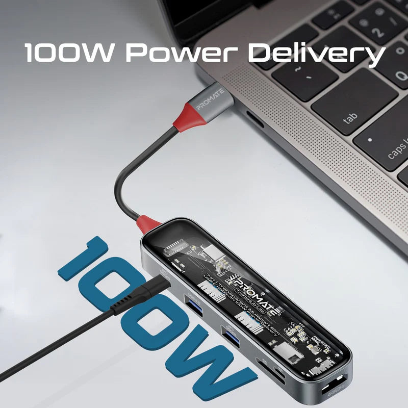 PROMATE 7-in 1 Transparent Multiport Slim USB-C Hub with 100W Power Delivery