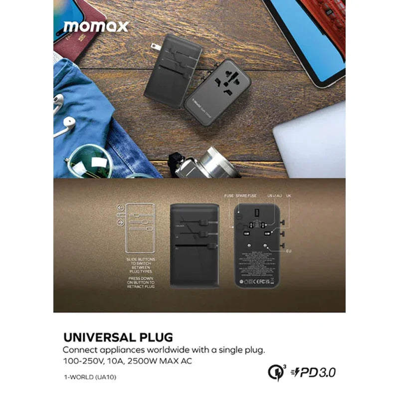 Momax 1-World Dreamer 100W GaN 4 Ports + AC Travel Adapter (Black) - UA10D