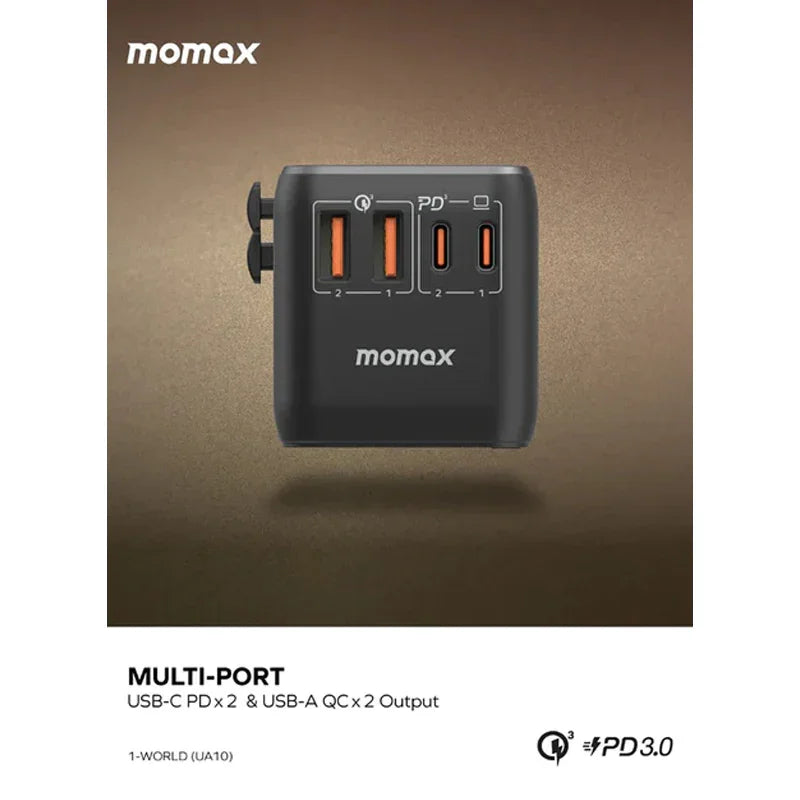 Momax 1-World Dreamer 100W GaN 4 Ports + AC Travel Adapter (Black) - UA10D