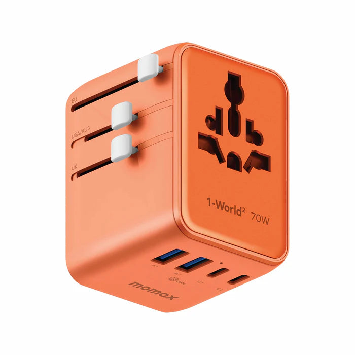 UA22M| Momax  1-World² Universal 5-Port Travel GaN Charger 70W with Dual AC  | Orange - GulfStore.com