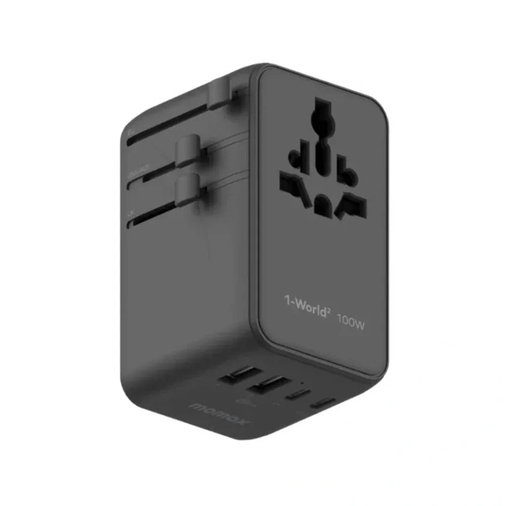 UA23D | Momax 1-World2 100W 4-Port USB-C Dual AC Travel Adaptor | Black