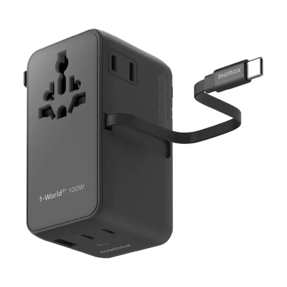 UA25D | Momax 1-World2+ 100W 4-Port Dual AC Travel Adaptor with Built-in retractable Cable | Black
