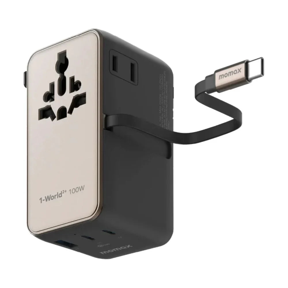 UA25L | Momax 1-World2+ 100W 4-Port Dual AC Travel Adaptor with Built-in retractable Cable | Titanium