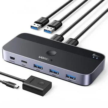 مفتاح يوجرين USB 3.0 2 في 4، مدخلين USB-A، 3 منافذ USB-A + مخرج USB-C - أسود