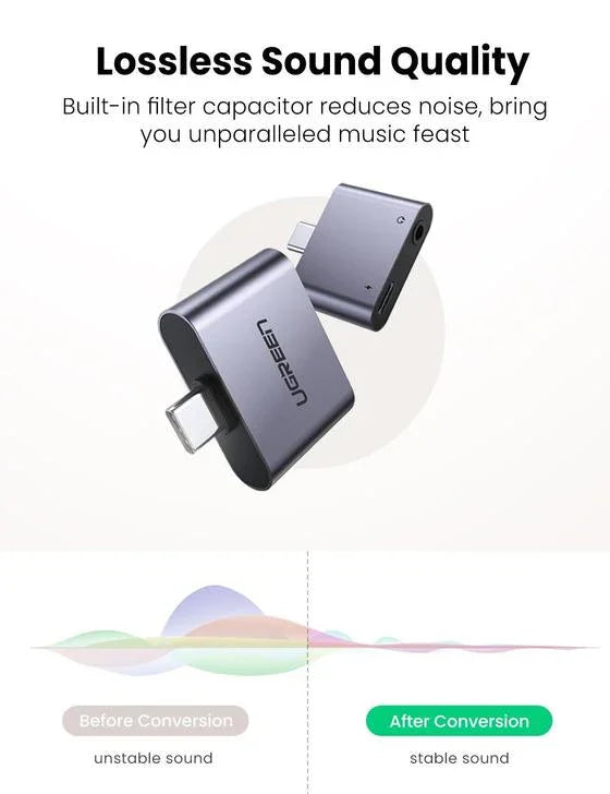 محول UGREEN USB C إلى 3.5 مم لسماعات الرأس والشاحن من النوع C