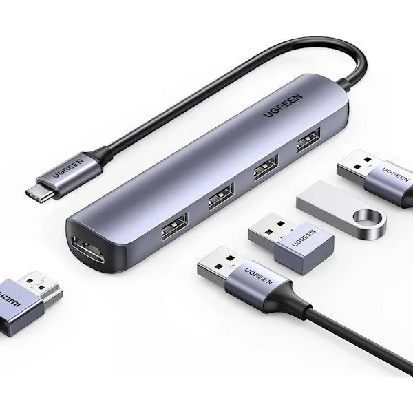 محول يوجرين USB Type C - HDMI / 4 × USB باللون الرمادي