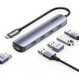 محول يوجرين USB Type C - HDMI / 4 × USB باللون الرمادي