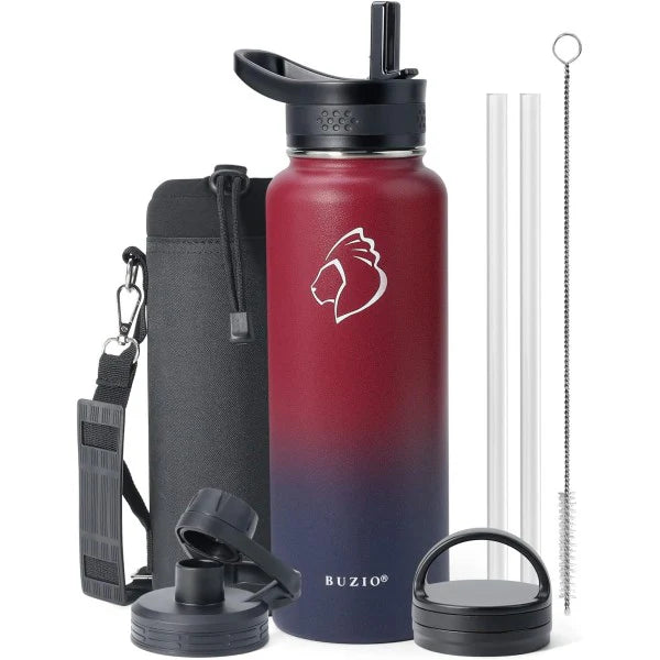 Buzio Trio Series Water Bottle with 3 Lids and Sleeve 1.2L - Ruby Red Navy