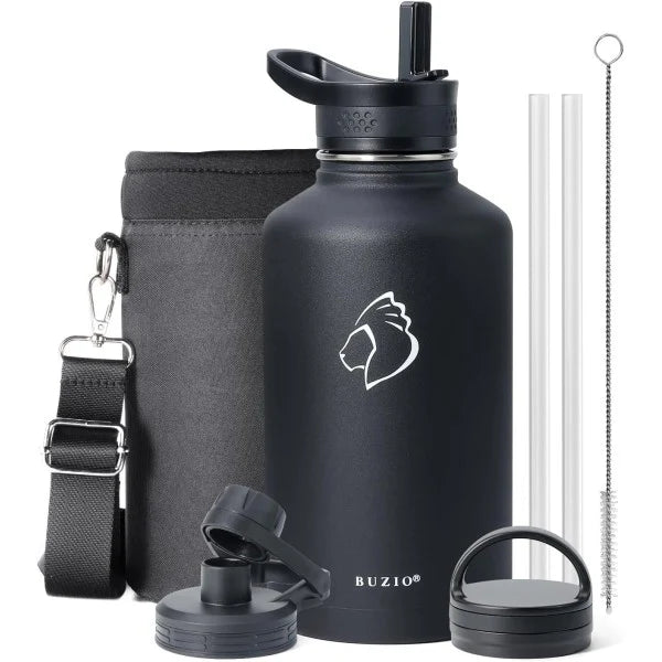 Buzio Trio Series Water Bottle with 3 Lids and Sleev 1.9L - Black