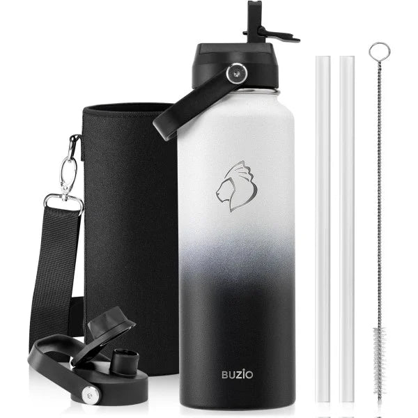 Buzio Duet Series Water Bottle with 2 Lids and Sleeve 1.2L - Black White