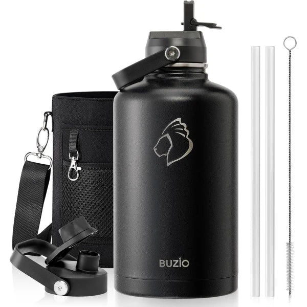 Buzio Duet Series Water Bottle with 2 Lids and Sleeve 2.5L - Black
