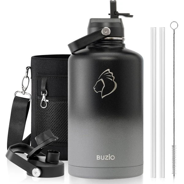 Buzio Duet Series Water Bottle with 2 Lids and Sleeve 2.5L - Shadow